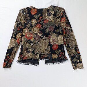 VTG Two Piece Black Red Gold Floral Textured Metallic Beaded Hem Tank  Cardigan